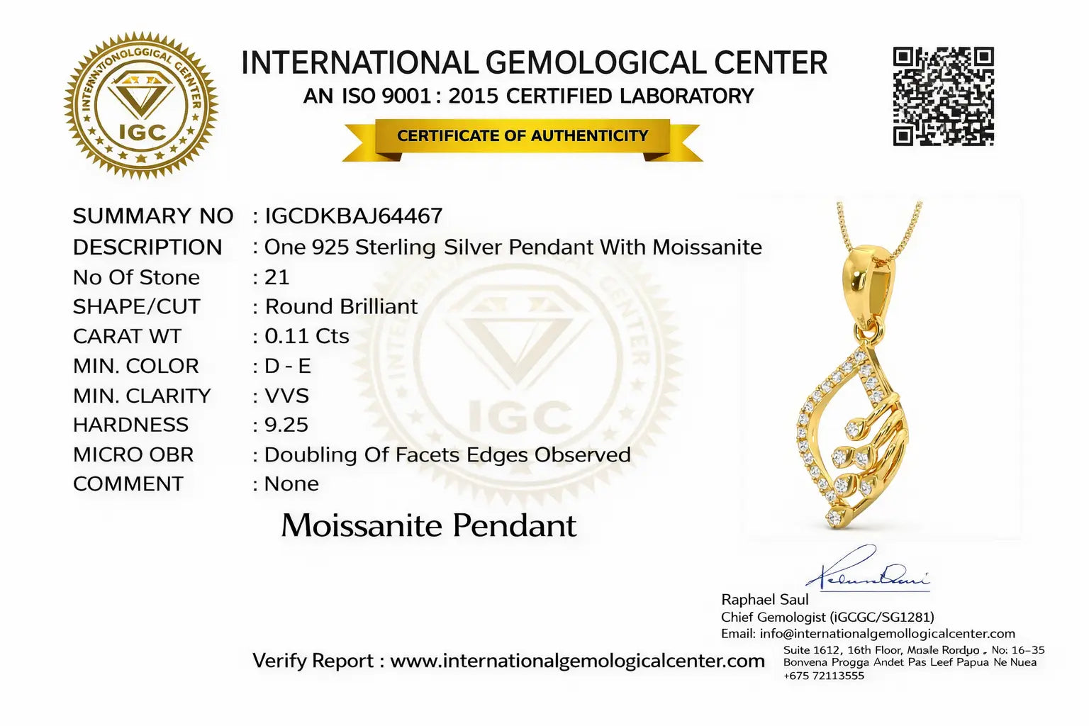 Certificate of authenticity for a gold pendant with moissanite from the International Gemological Center.