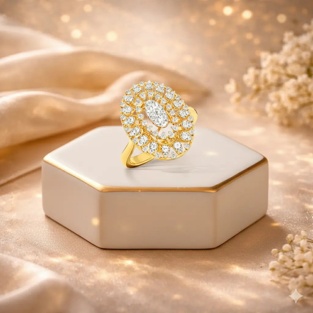 Gold ring with diamonds on a white stand against a soft, blurred background