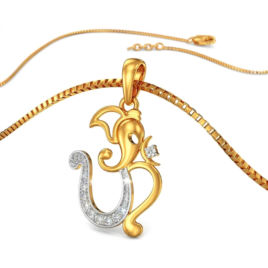 Divine 18K Gold Plated Ganesha Om Pendant Necklace with Moissanite Diamonds