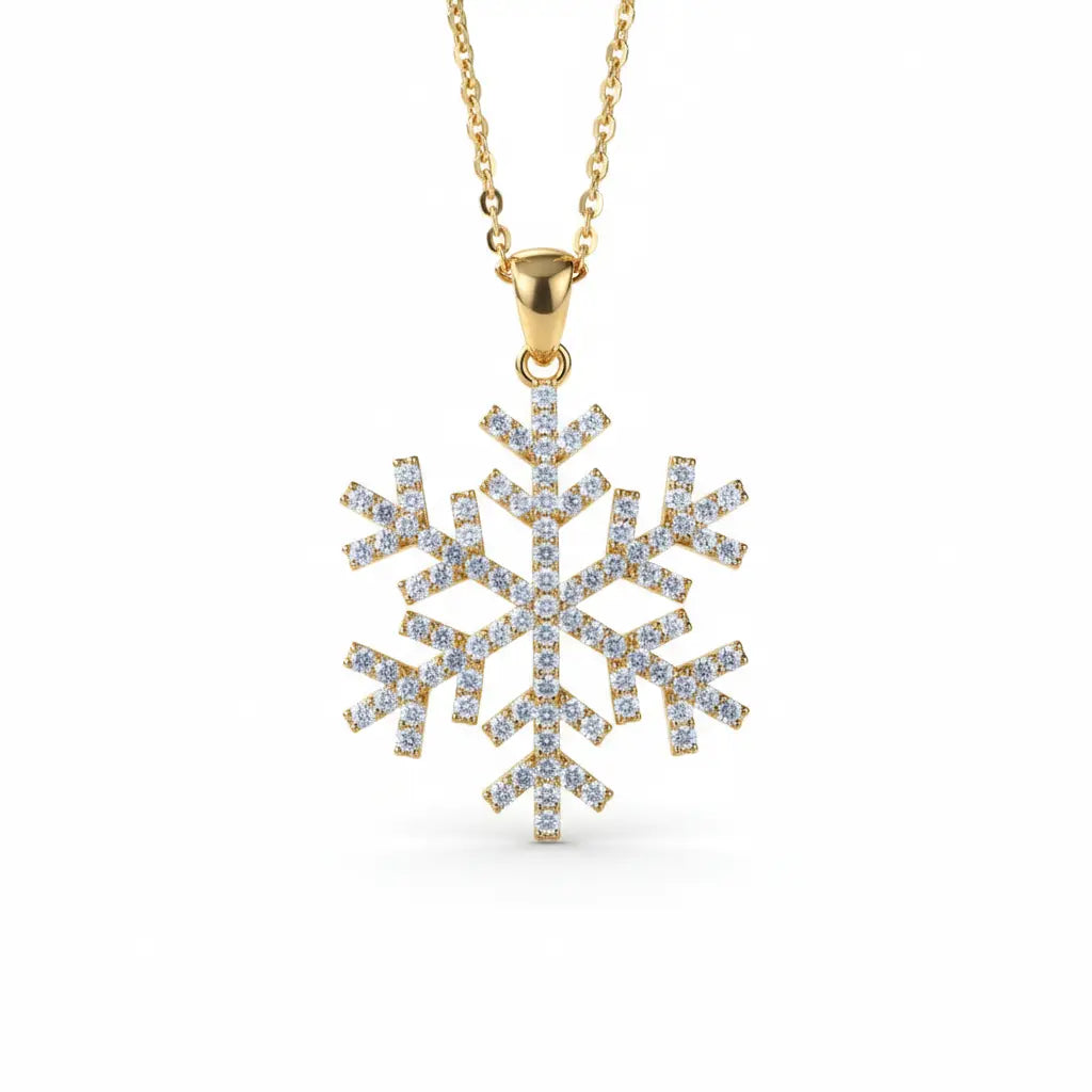Gold snowflake pendant necklace on a white background