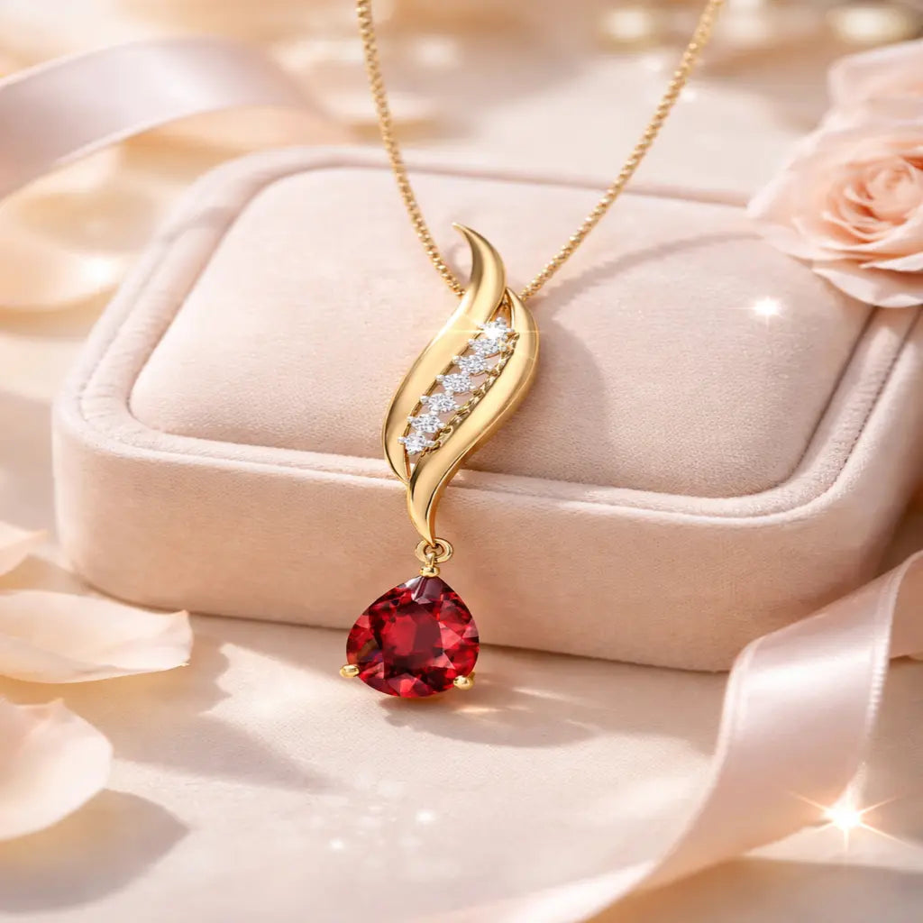Gold necklace with a red gemstone pendant on a soft pink background