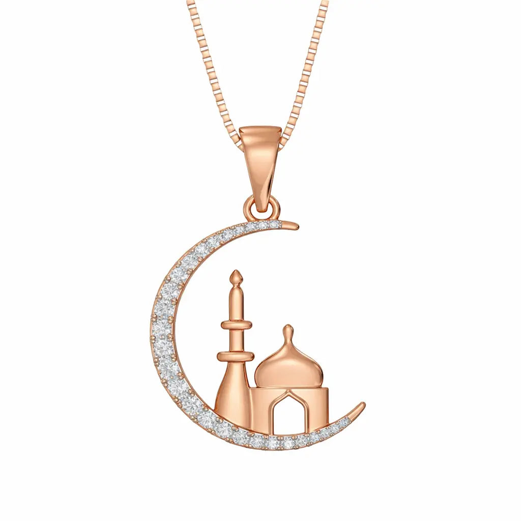 Rose gold necklace with crescent moon and minaret pendant on a white background