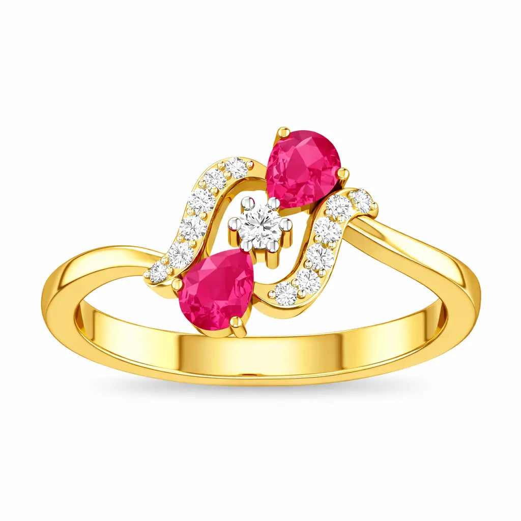 Gold ring with pink gemstones and diamonds on a white background