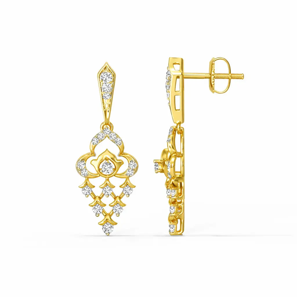Gold earrings with floral design and clear stones on a white background