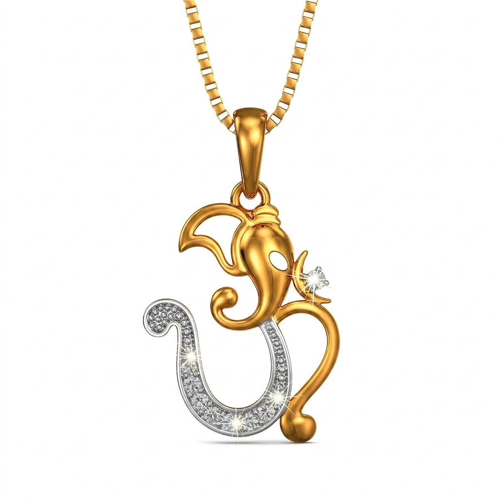 Divine 18K Gold Plated Ganesha Om Pendant Necklace with Moissanite Diamonds