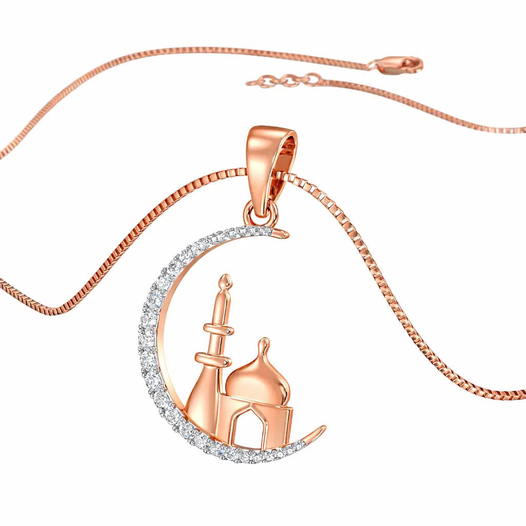Rose gold pendant with mosque design on a chain against a white background