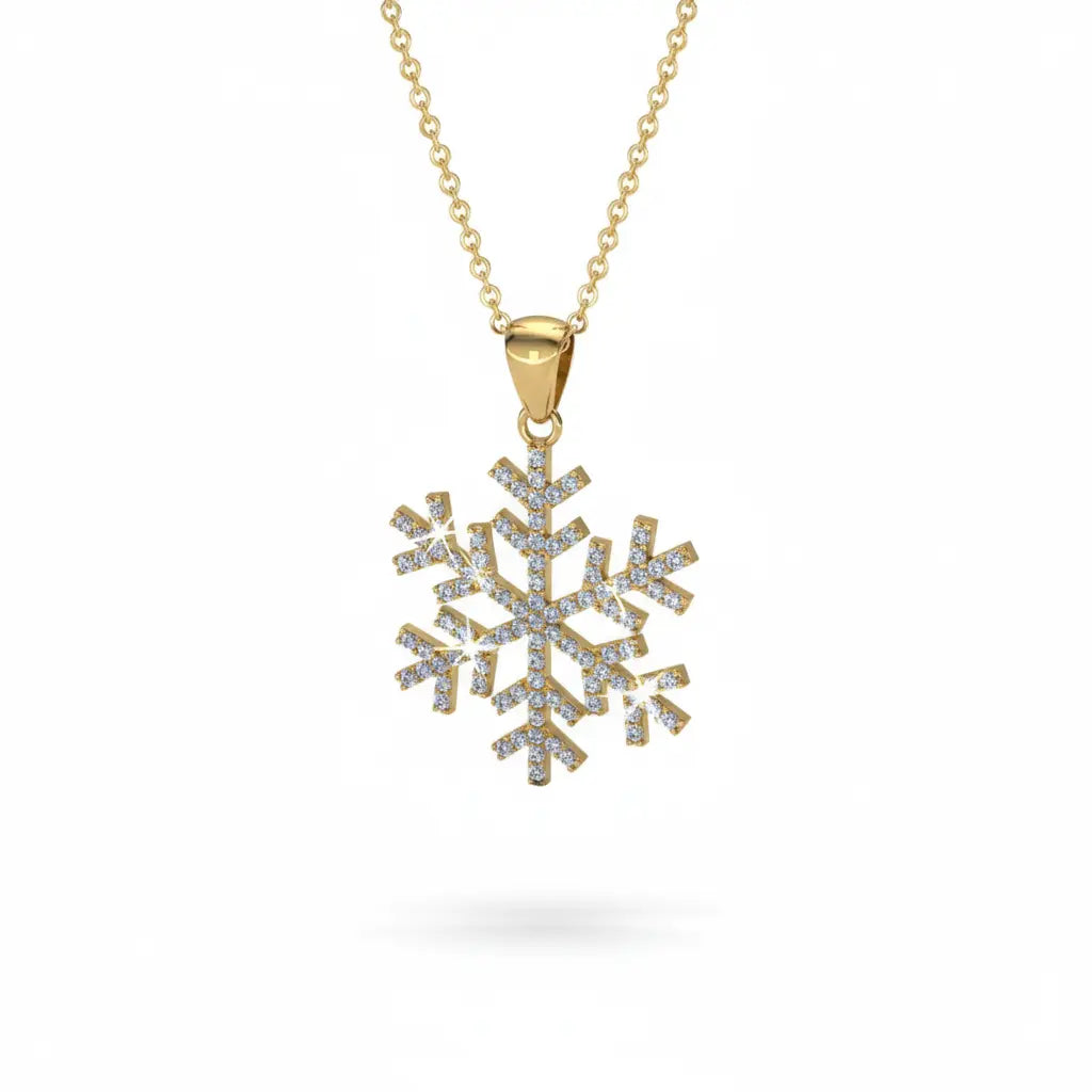 Gold snowflake pendant necklace on a white background