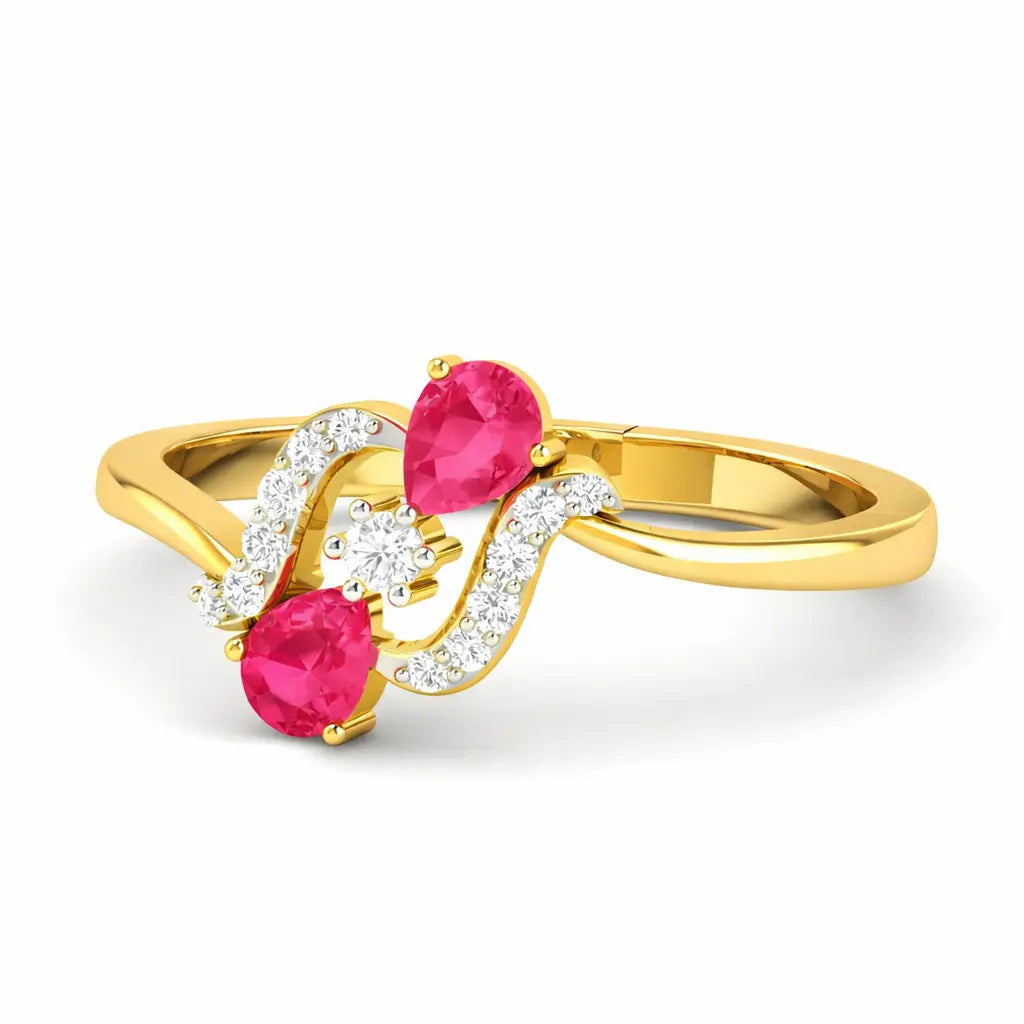 Gold ring with pink gemstones and diamond accents on a white background