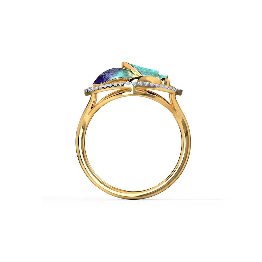 Gold ring with a colorful gemstone and diamond accents on a white background