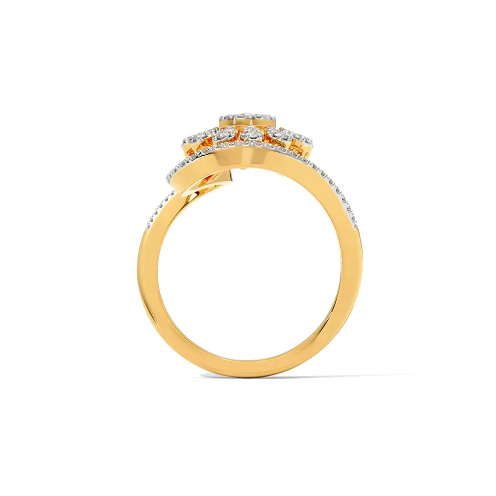 Gold ring with diamond accents on a white background