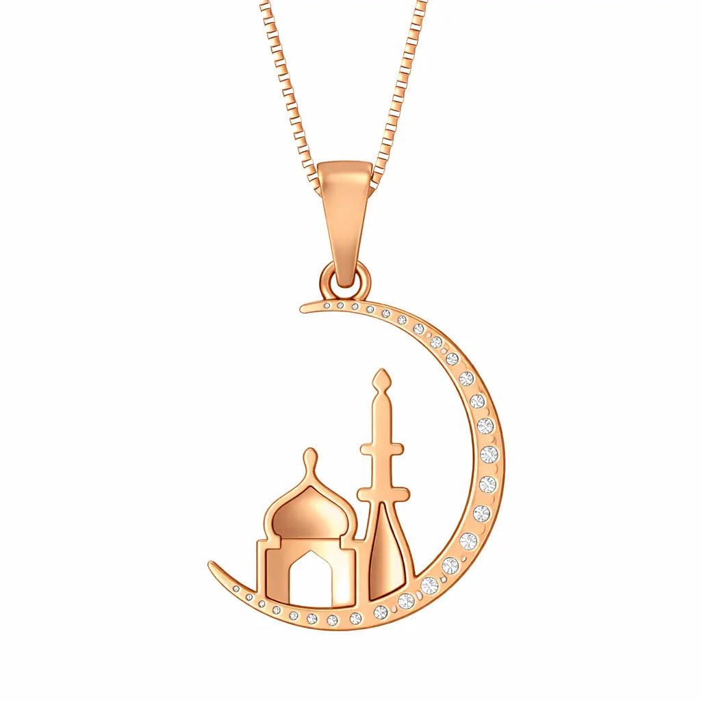 Rose gold necklace with a crescent moon pendant featuring architectural elements on a white background