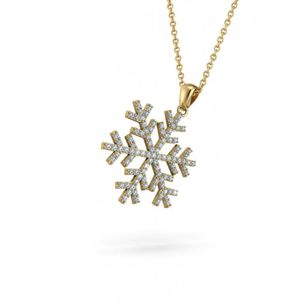 Gold snowflake pendant necklace on a white background