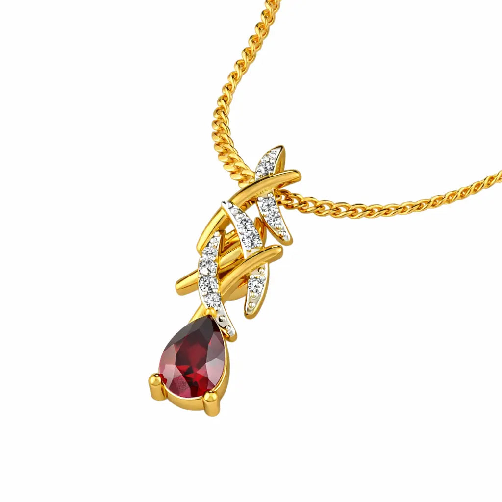 Gold necklace with a red gemstone pendant on a white background