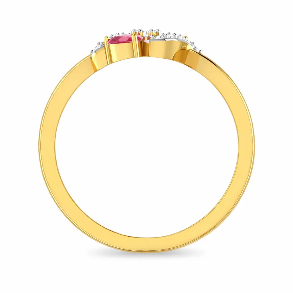 Gold ring with a pink gemstone and smaller diamonds on a white background