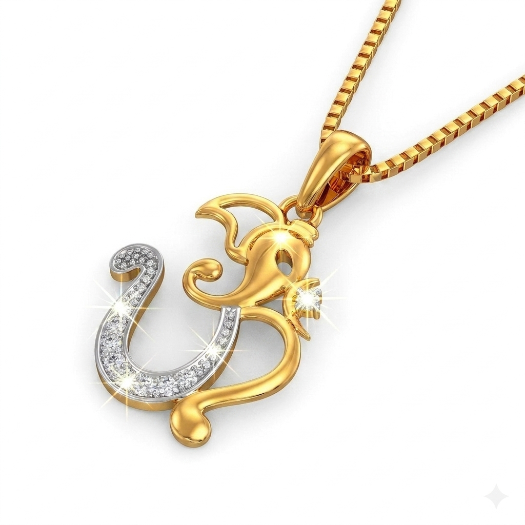 Divine 18K Gold Plated Ganesha Om Pendant Necklace with Moissanite Diamonds