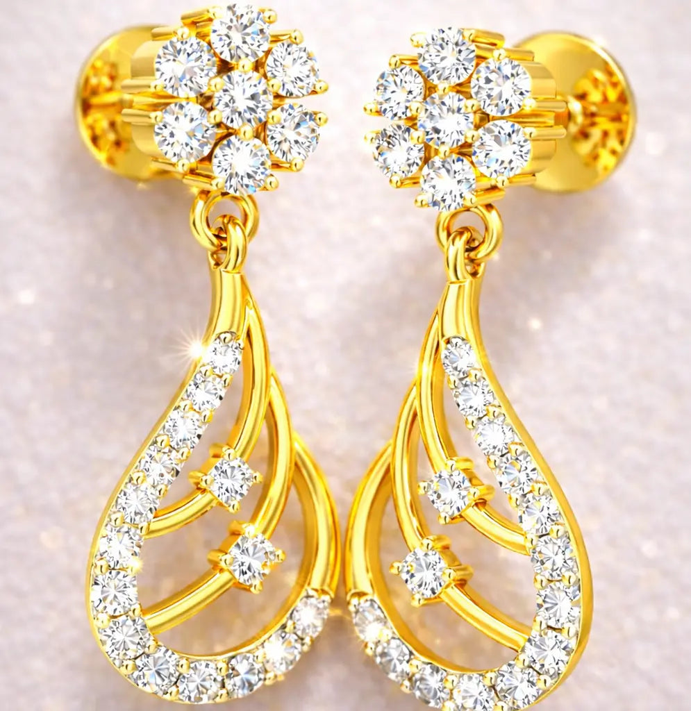 Gold earrings with diamond teardrop designs on a soft pink background