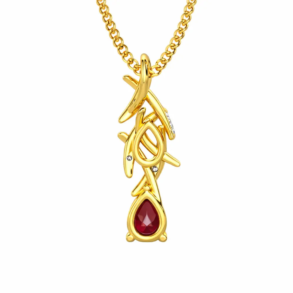 Gold necklace with a red teardrop pendant on a white background