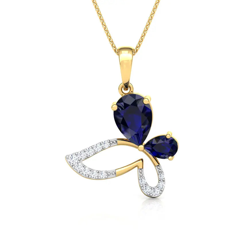 Gold pendant with blue gemstones and diamond accents on a white background