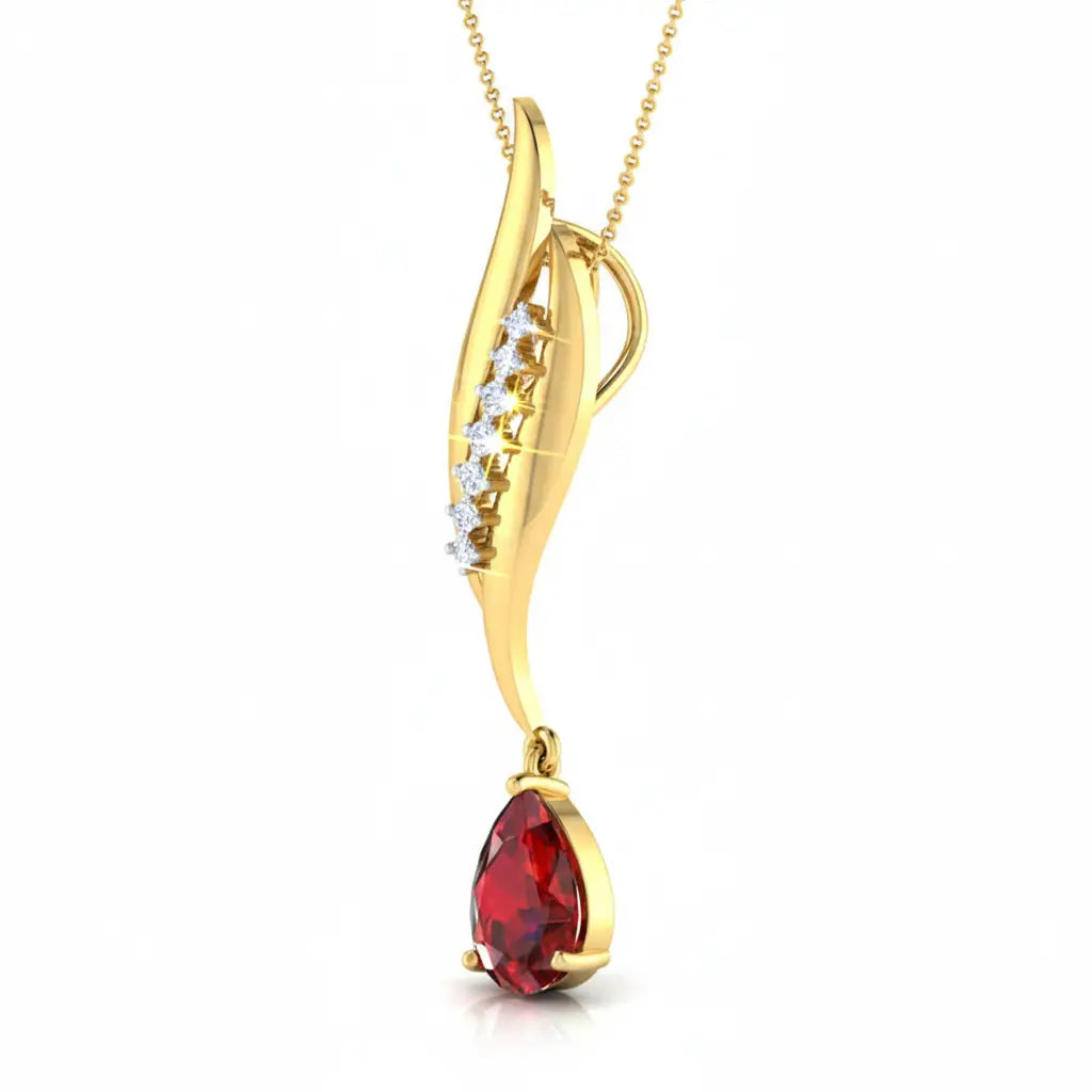 Gold pendant with a red gemstone and diamonds on a white background