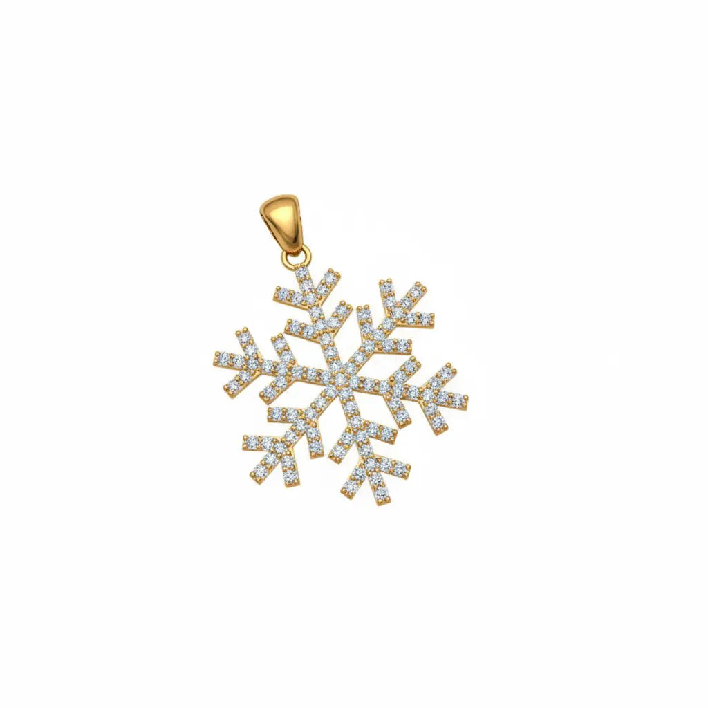 Gold snowflake pendant with diamonds on a white background