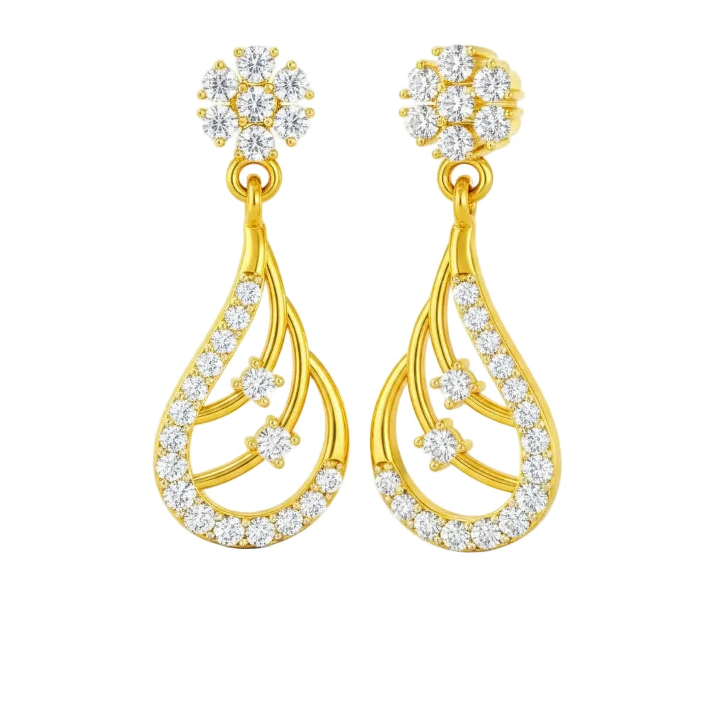 Gold earrings with teardrop design and diamond accents on a white background