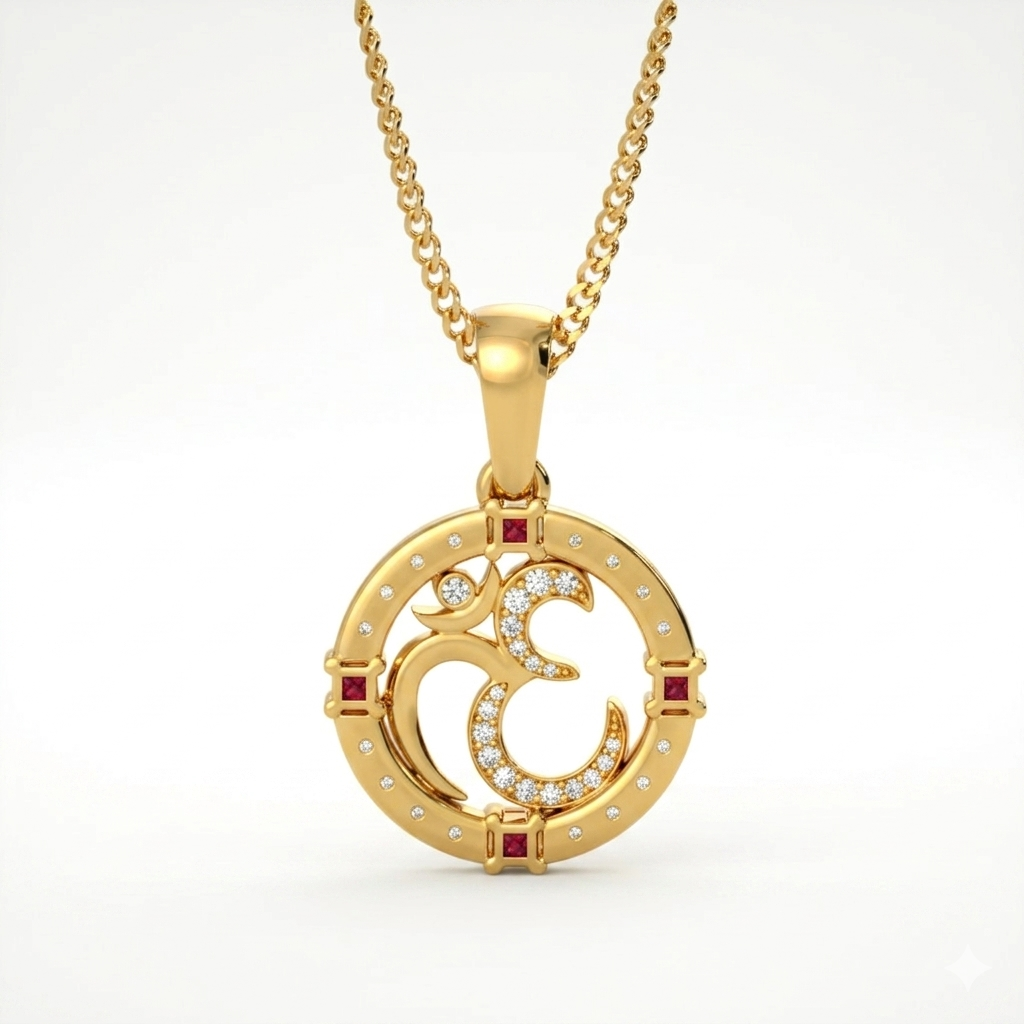 Divine 18K Gold Plated Radhe Radhe Calligraphy Pendant with Moissanite Diamonds
