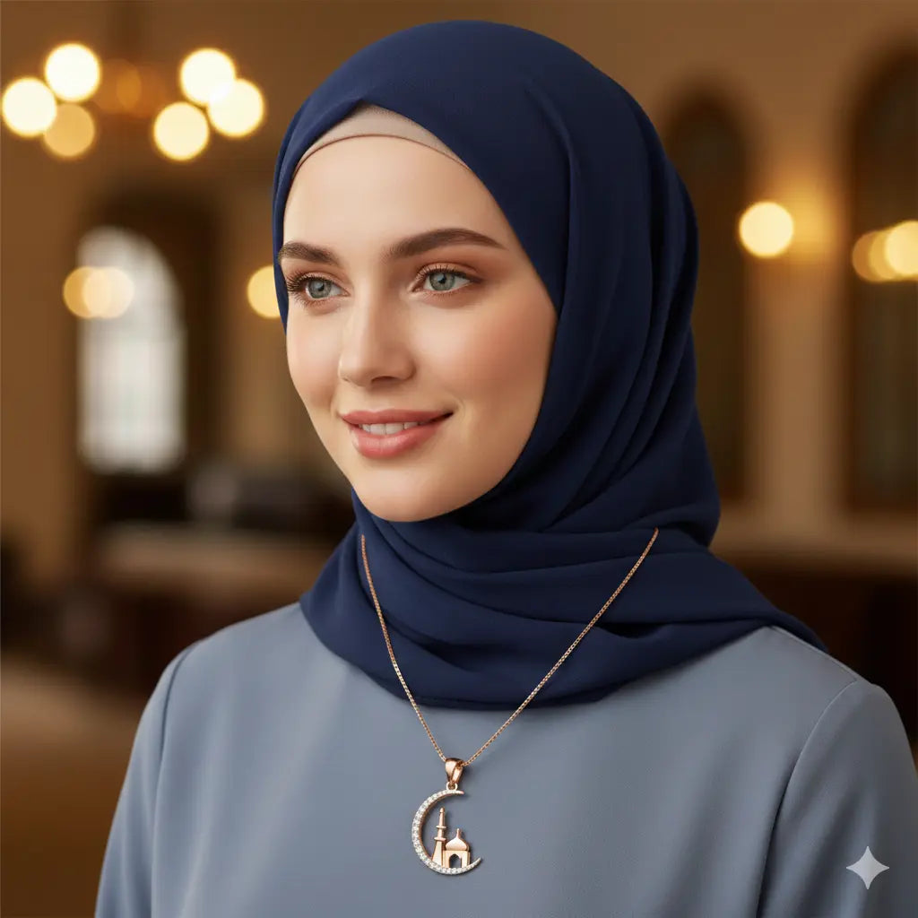 Woman wearing a blue hijab and necklace with a blurred background