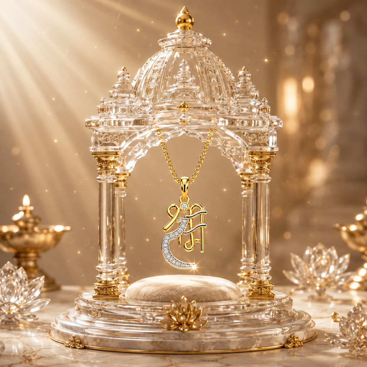 Divine 18K Gold Plated Shree Ram Pendant Necklace with Moissanite Diamonds