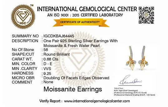 Certificate of authenticity for moissanite earrings with International Gemological Center logo.