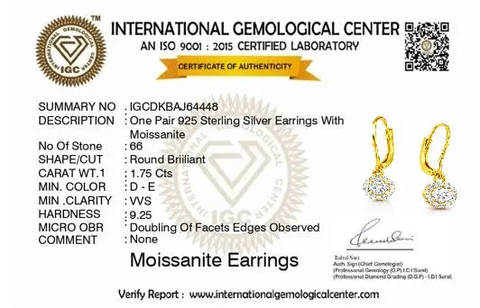 International Gemological Center certificate for moissanite earrings with detailed specifications.