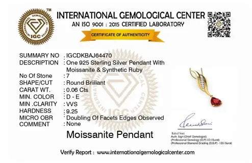 International Gemological Center certificate for a moissanite pendant with detailed specifications.