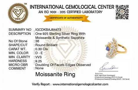 International Gemological Center certificate for a moissanite ring with detailed specifications.