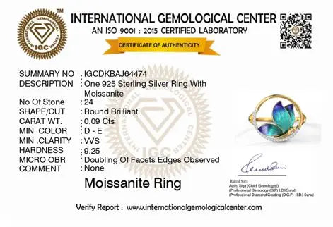 International Gemological Center certificate for a 925 Sterling Silver Ring with Moissanite
