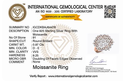 International Gemological Center certificate for a 925 Sterling Silver Ring with Moissanite