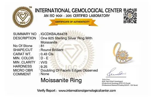 Certificate of authenticity for a 925 Sterling Silver Ring with Moissanite from the International Gemological Center.