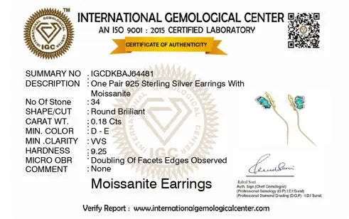 Certificate of authenticity for moissanite earrings from the International Gemological Center.