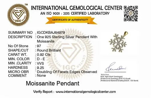 International Gemological Center certificate for a 925 Sterling Silver Pendant with Moissanite