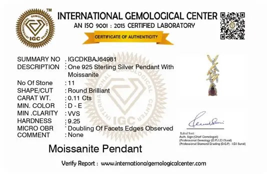 International Gemological Center certificate for a 925 Sterling Silver Pendant with Moissanite
