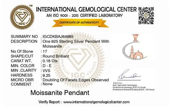 International Gemological Center certificate for a 925 Sterling Silver Pendant with Moissanite