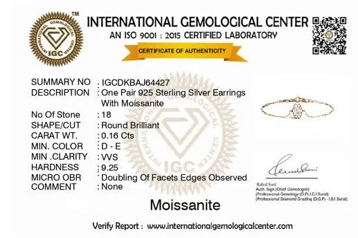 International Gemological Center certificate for 925 Sterling Silver Earrings with Moissanite