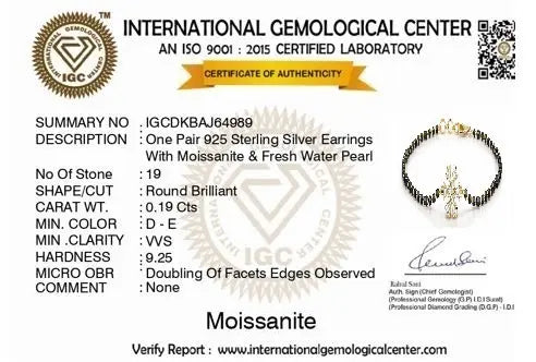 Certificate of authenticity for 925 Sterling Silver Earrings with Moissanite & Fresh Water Pearl from International Gemological Center.