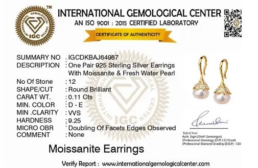 Certificate of authenticity for 925 Sterling Silver Earrings with Moissanite & Fresh Water Pearl from the International Gemological Center.