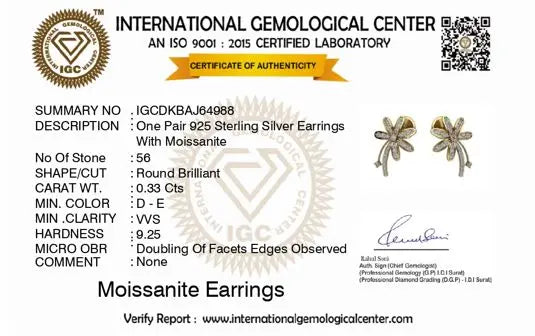 International Gemological Center certificate for moissanite earrings with detailed specifications.