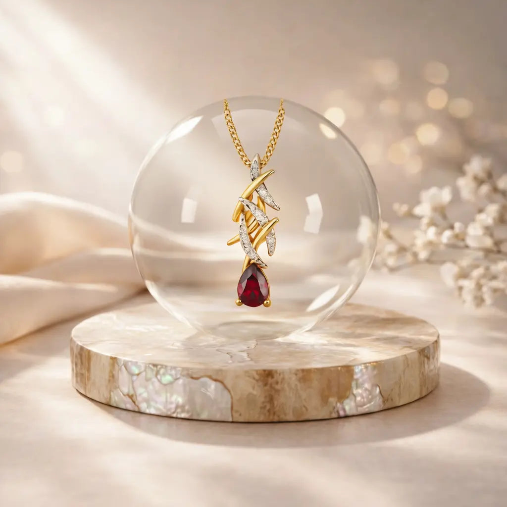 Gold necklace with a red gemstone in a glass dome on a marble base.