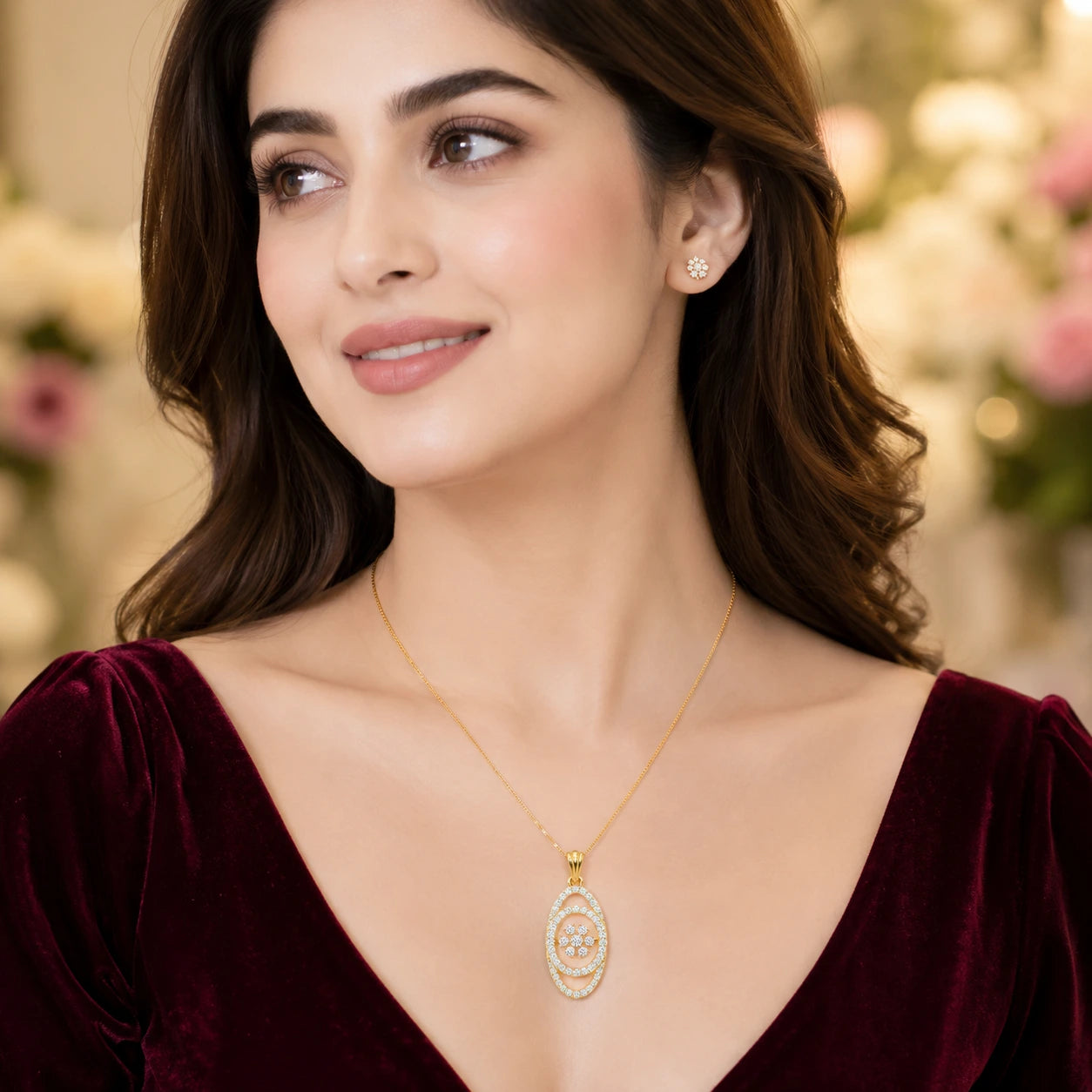 Lya Oval Fleur 18K Gold Plated Moissanite Diamond  Diamond Pendant