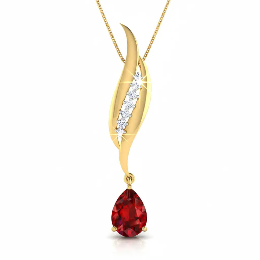 Gold pendant with red gemstone and diamond accents on a white background