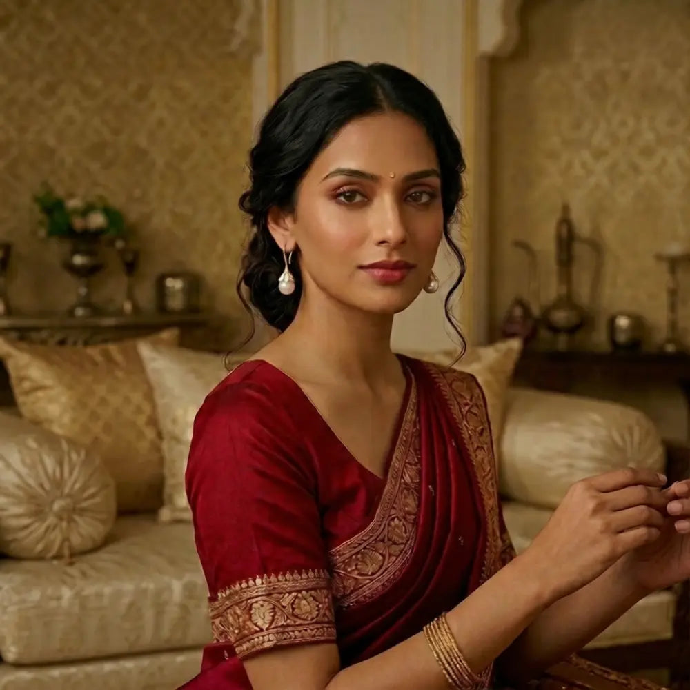 Woman in a red saree sitting in an elegant room with decorative elements.