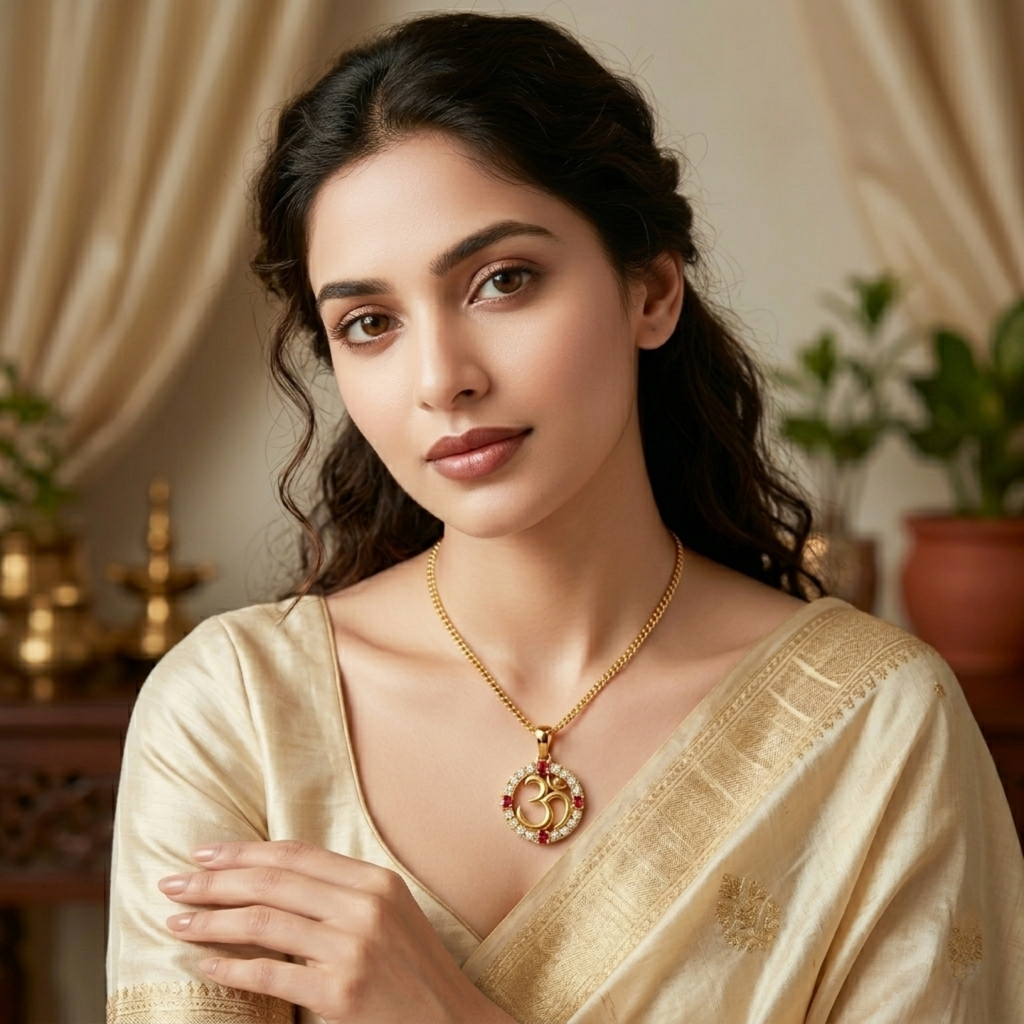 Divine 18K Gold Plated Radhe Radhe Calligraphy Pendant with Moissanite Diamonds
