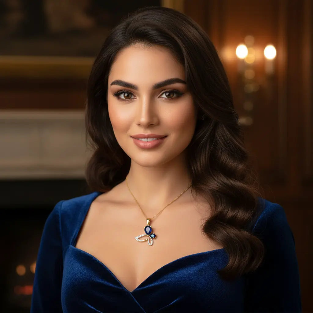 Woman wearing a blue dress with a necklace in a warm, indoor setting
