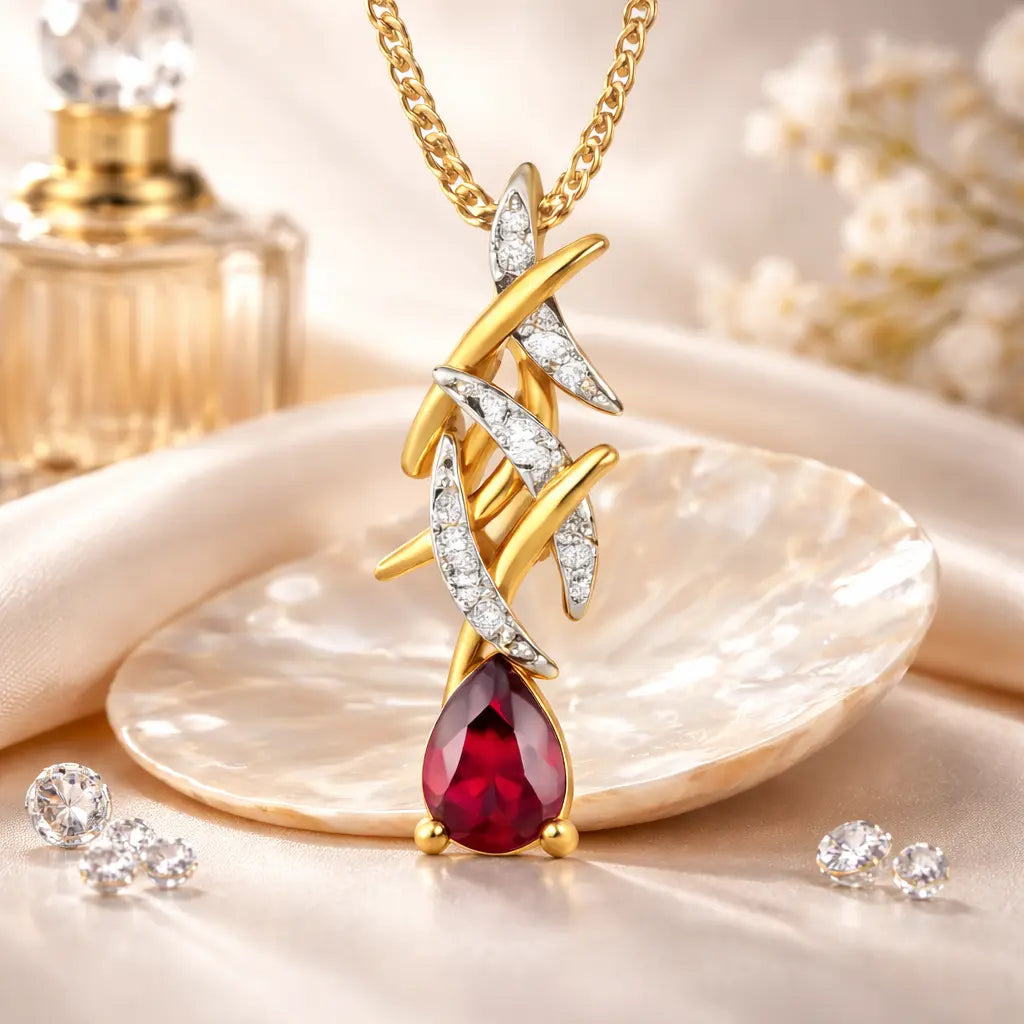 Gold necklace with a red gemstone pendant on a beige surface